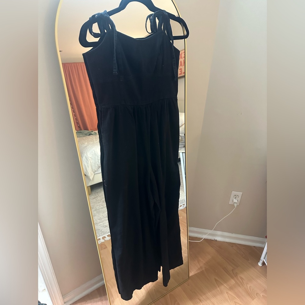 WOMENS BLACK WASHED WIDE LEG JUMPSUIT WITH ADJUSTABLE TIE STRAPS
